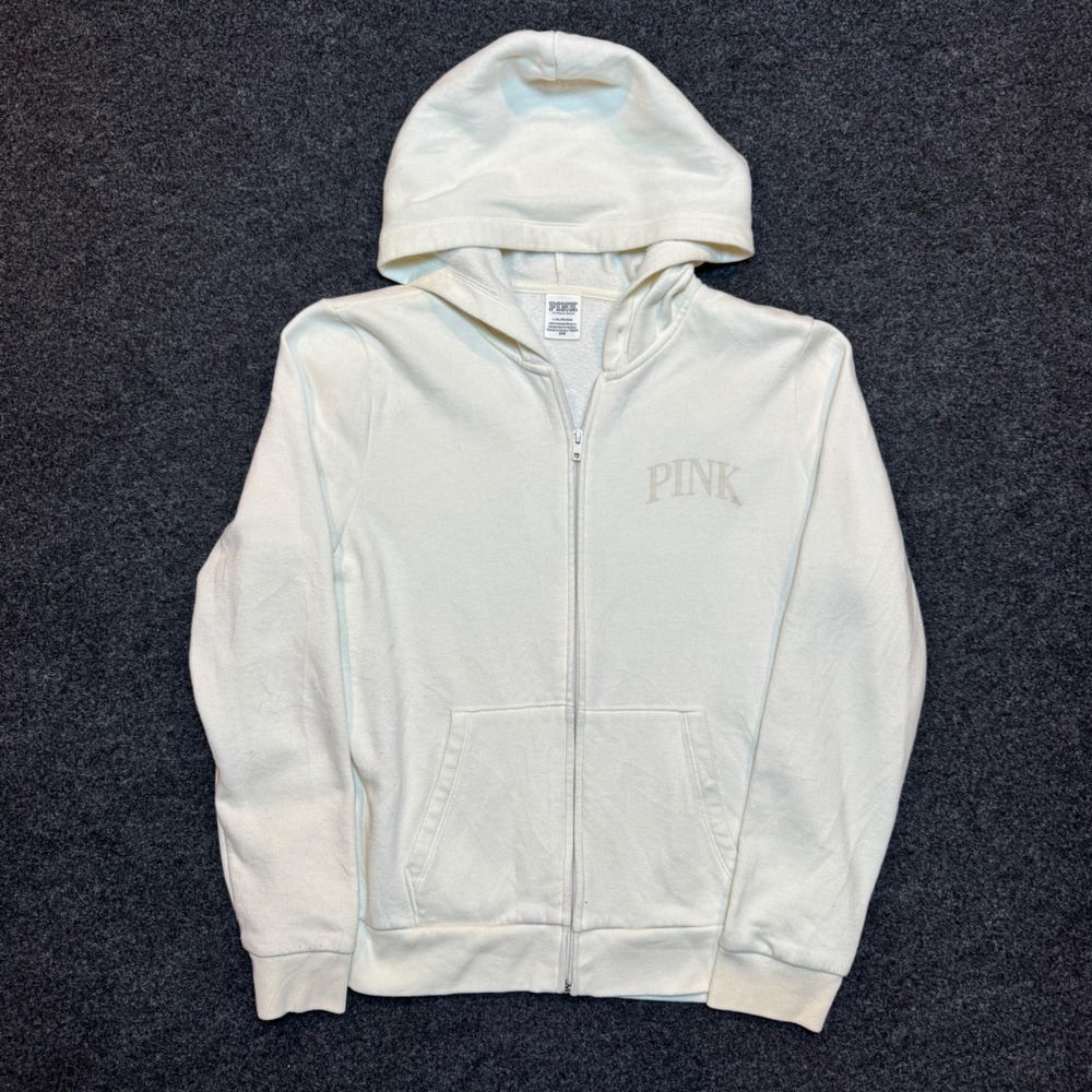 Pink Victoria's Secret Full Zip Hoodie Cream Logo Fleece Sweatshirt Large